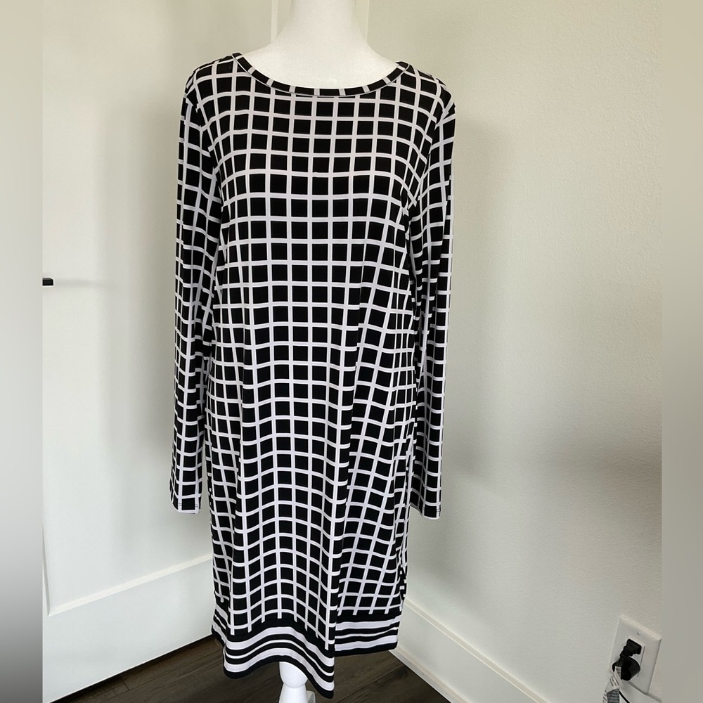 Michael Kors Black & White Windowpane Print Long Sleeve Dress – Size Large